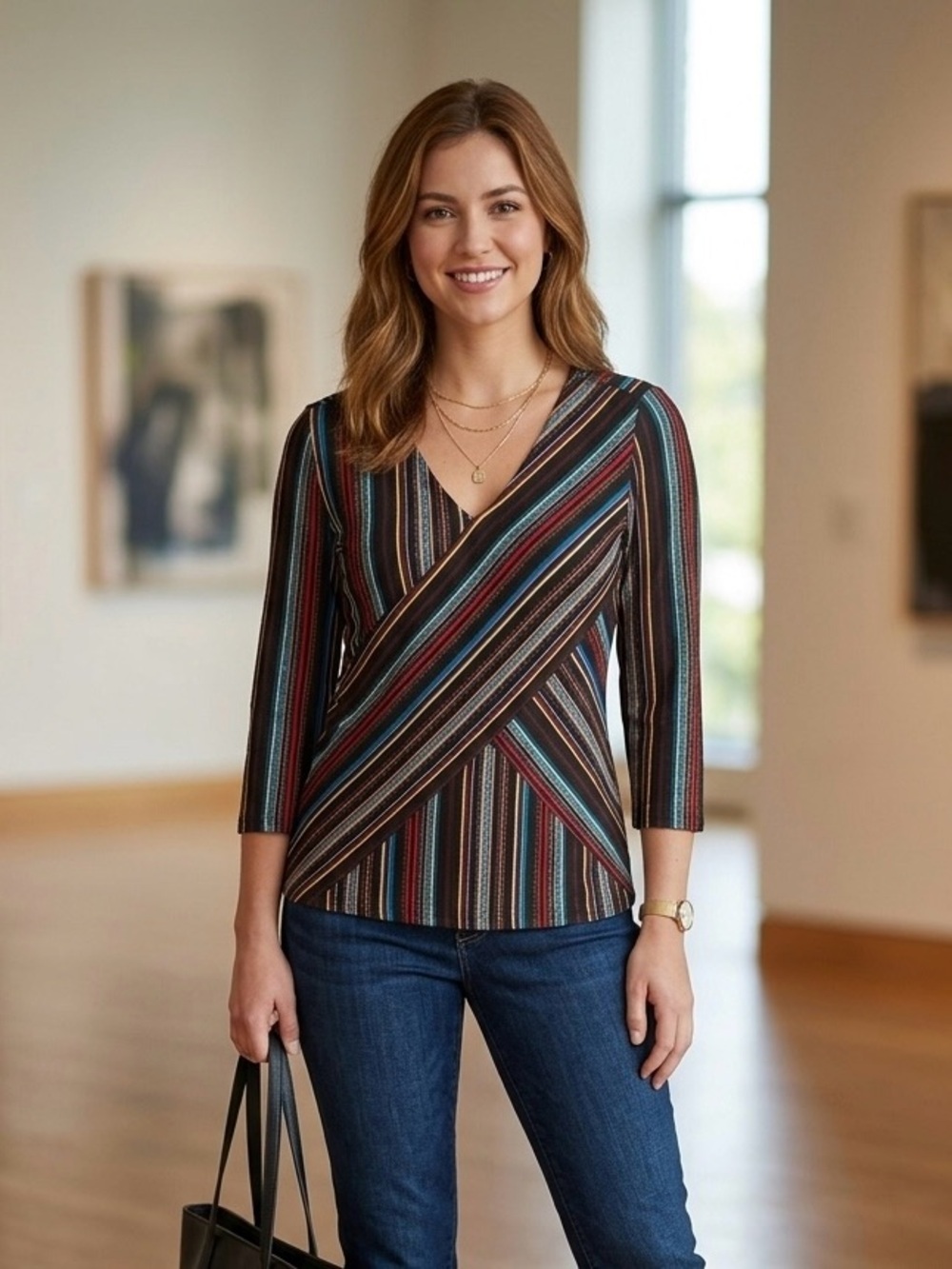 Dana Buchman Multi-Stripe Wrap V-Neck Top in Black, Teal, Rust, Cream